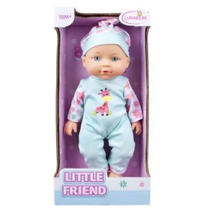 OEM Little Friend baba kék ruhában és zsiráf mintával, 27 cm