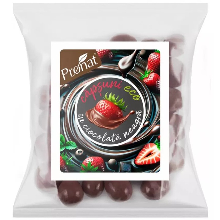 Capsuni bio glazurate in ciocolata neagra, 50g Pronat