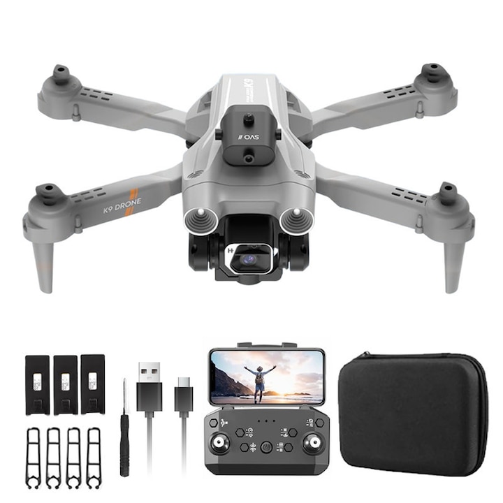 Drona cu camera 4K, zbor cu 3 baterii, functie de evitare a obstacolelor, gri, 23.6x22.9x6.6cm