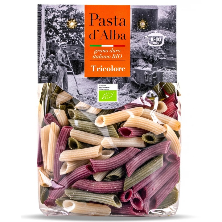 Paste tricolore penne BIO din grau dur, spanac si sfecla rosie Pasta d'Alba, 250g