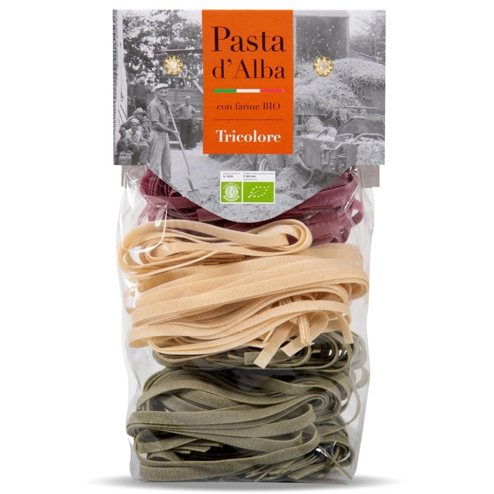 Paste tricolore tagliatelle BIO din grau dur, spanac si sfecla rosie Pasta d'Alba, 250g