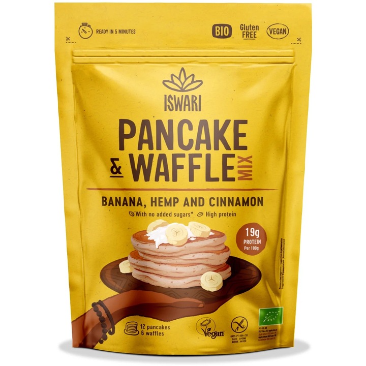 Amestec BIO pentru clatite si vafe cu banane si proteina de canepa Iswari, 300 g