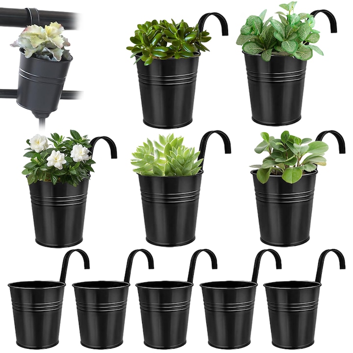 Ghivece de flori suspendate din metal, ghivece de gradina negre suspendate, 10 bucati, pentru balcon, gard, gradina, perete, ghiveci robust suspendat cu carlig detasabil