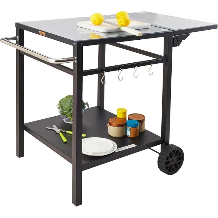 Сгъваема маса за готвене, неръждаема стомана, 85x55 см, с двоен рафт, мебелна