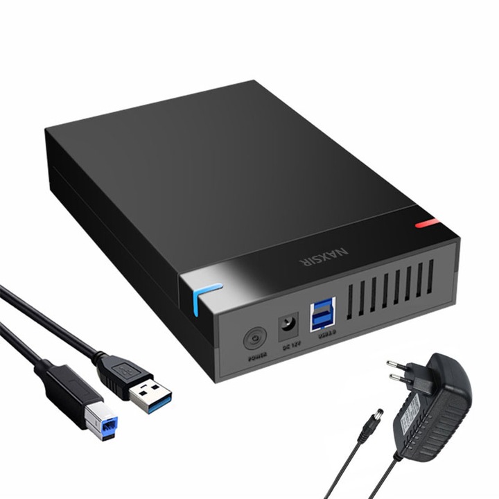 Кутия за 3.5-инчов външен твърд диск, NAXSIR, SATA, USB 3.0, 5Gbps, 10TB, със светлинен индикатор, монтаж без инструменти, бързо разсейване на топлината, поддръжка за Windows, MacOS, лаптопи, настолни компютри, рутери, черен