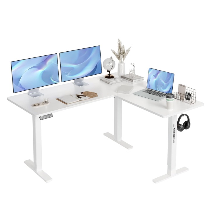 Birou electric pe colt, marime XXL, functii memorie, sistem anti coliziune, cable mangement, Arka Chairs, blat160x140, inaltime 70-120 cm, rezistenta 80Kg