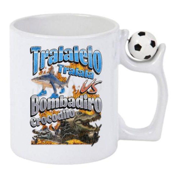 Cana Tralalero Tralala cu Bombadiro VS Tralalelo Funny Italian Brainrot Meme Graphic T-Shirt, Cri-Flo, Ceramica, 330ml. Minge rotativa antistres, Maner si interior Alb-Negru