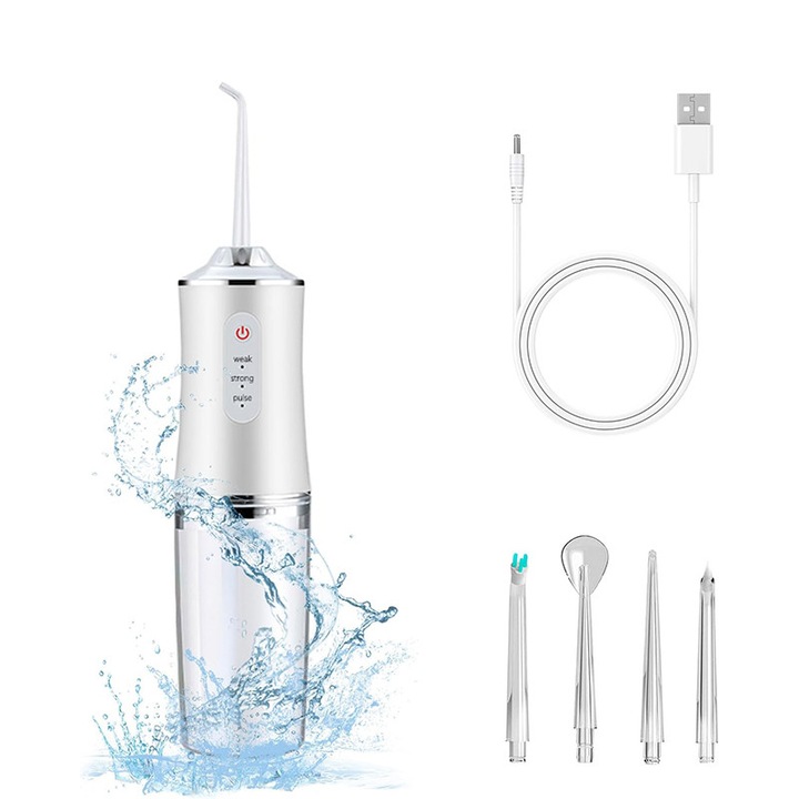 Irigator bucal portabil, Garsonal®, Profesional Pentru Dus Oral, 4 Capete, 3 moduri de operare, Rezervor 200ml, IPX7 Waterproof, Alb