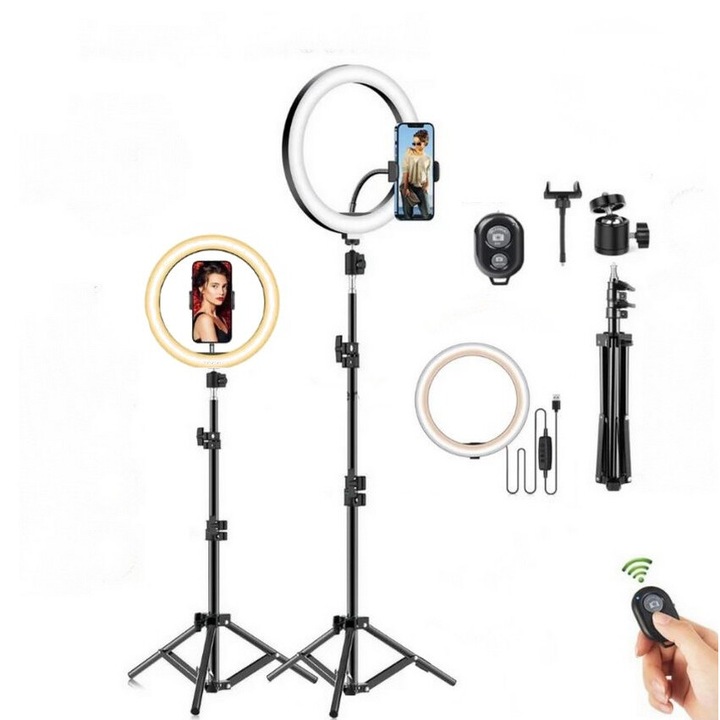 Lampa Circulara SkyTechs® Ring Light, 30 cm SMD 116 x LED stativ masa trepied 210 cm photo studio suport Smartphone Selfie, Makeup Lamp, 3 Moduri de Lumina cu telecomanda selfie bluetooth