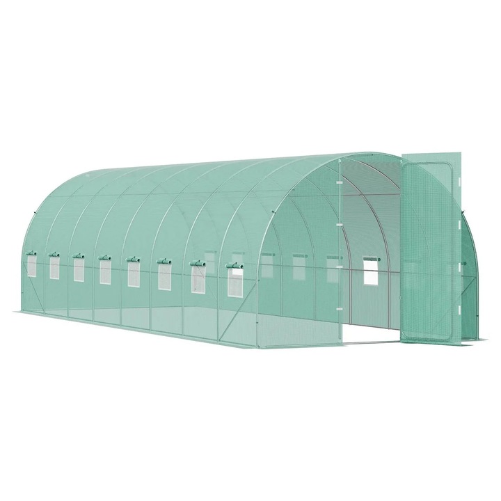 Alagút üvegház, 28x10x7, 5 láb, horganyzott váz, vízálló PE borítás, zöld