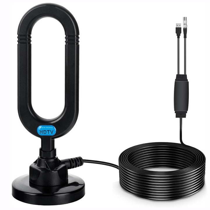 ТВ антена, Noonedibs, DVB-T2, Full HD, 4k, лесен монтаж, приемане на закрито и открито, двуканална лампа за откриване на неизправности, магнитна основа, 5 м кабел, черна