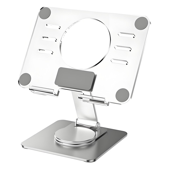 Suport de birou pentru tableta, pliabil,360°unghi reglabil, aluminiu-acrilic, transparent