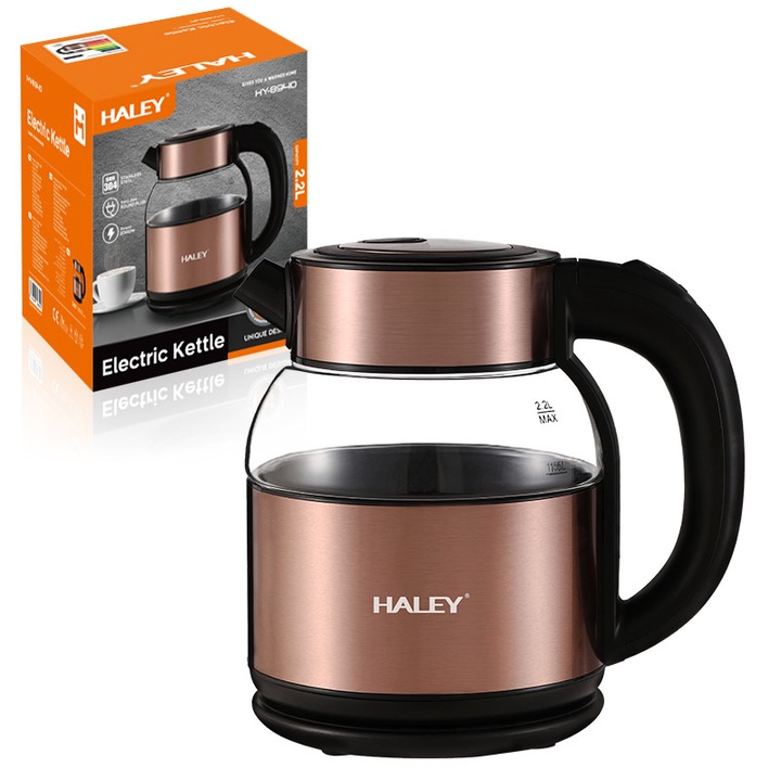HALEY elektromos vízforraló 2,2 l, 2000 W, rozsdamentes acél és üveg, automatikus kikapcsolás, Boil-Dry védelem, 360°-os talp