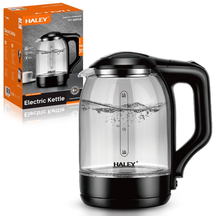 HALEY elektromos vízforraló 2,2 l, 1800 W, hőálló üveg, gyors melegítés, automatikus kikapcsolás, modern dizájn