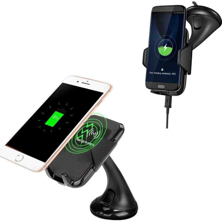 Autós tartó 10 W-os vezeték nélküli töltéssel, Gericom Safe Charge, műszerfalra vagy szélvédőre rögzíthető, fekete