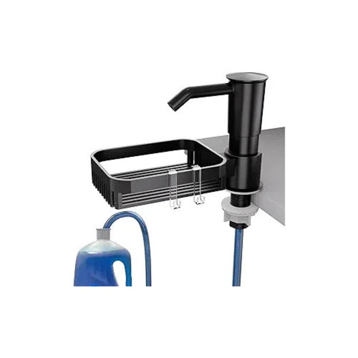 Sapun pentru chiuveta de bucatarie, chiuvetaplastic ABS, suport pentru burete rotativ, negru, Descarcare lina a lichidului, rotatie libera, tub extins, aplicatie mai larga, Cu furtun de silicon de 1m, Anti rugina, Rezistenta la coroziune