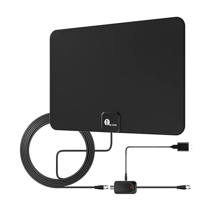 Antena TV digitala HD, amplificata 1 BY ONE, 4K/1080p, amplificator de semnal, cablu coaxial HDTV/Adaptor AC, negru