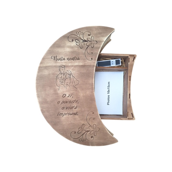Cutie lemn pentru album foto si stick memorie usb, luna, maro vintage, 37x25x7CM