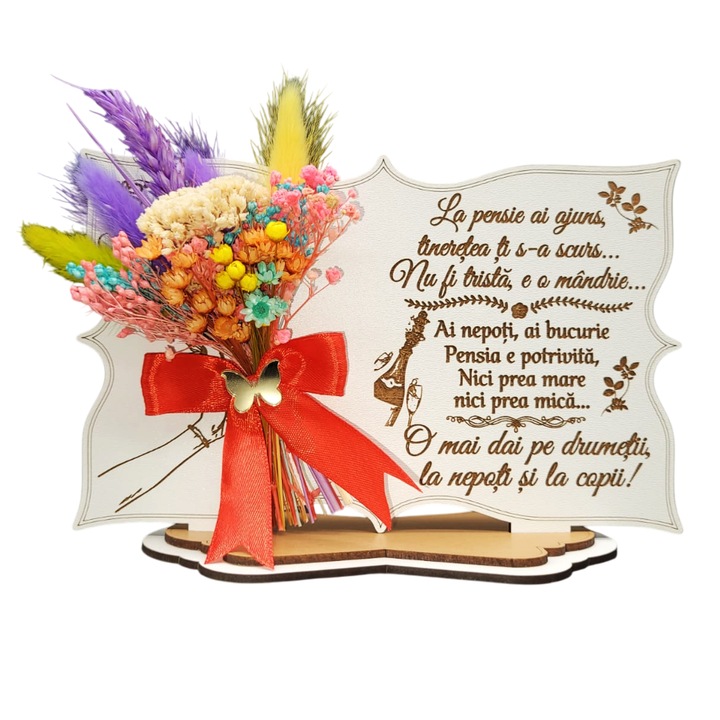 Tablou cu flori naturale stabilizate, cadou personalizat cu mesaj de pensionare pentru colegi, prieteni, familie "La pensie ai ajuns", 20x14 cm, Lemn, Model Alb