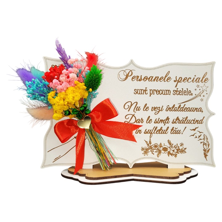 Tablou cu flori naturale stabilizate, cadou personalizat cu mesaj pentru prietena, fina, nasa, sora, matusa, colega, familie "Persoanele speciale sunt precum stelele", 20x14 cm, Lemn, Model Alb