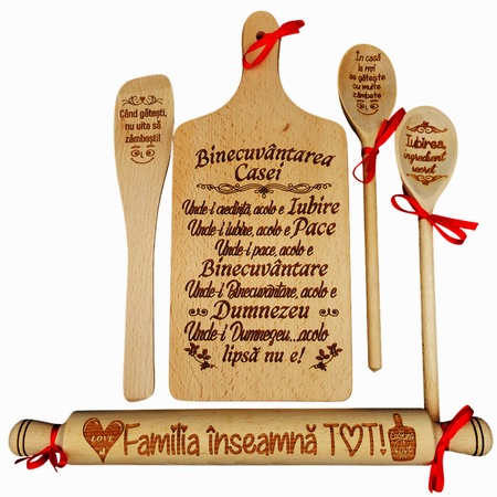 Set de bucatarie personalizat "Binecuvantarea casei", 5 piese - tocator, linguri