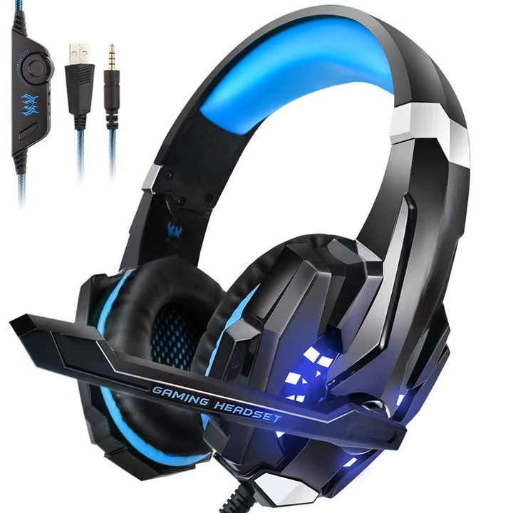 SHOPSINED G9000 Játékos Fejhallgató, Puha Fülvédő, Kék, Zajszűrős Mikrofon, Szuper Mély Basszus, LED Fény, XBOX / PC / PS / Laptophoz Használható, 40 mm-es Hangszóróméret