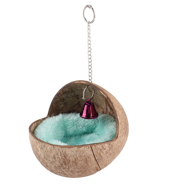 Cuib natural din coaja de cocos HERUSI cu perna pentru pasari, maro, 20x15x10cm