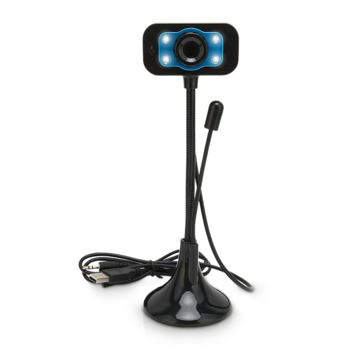 Уеб камера 0805BM-BST3109608, 640x480 (480p), USB, вграден микрофон, LED осветление, ръчен фокус, гъвкава стойка, черна