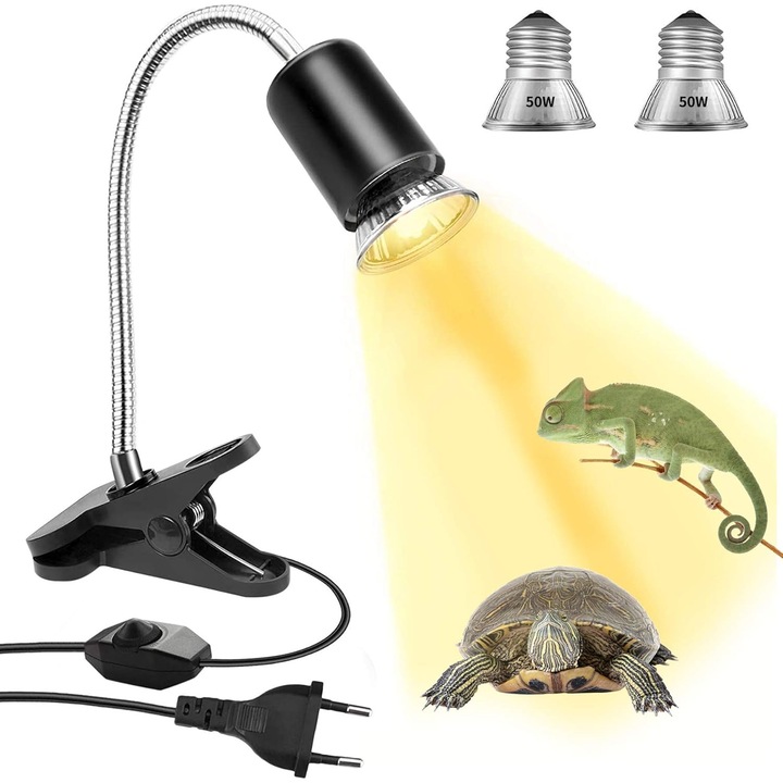 Hüllő fűtőlámpa - E27 UVA/UVB - 50W + 50W - csipesszel hüllőknek, gyíkoknak, teknősöknek, kígyóknak, kaméleonoknak, kétéltűeknek stb.