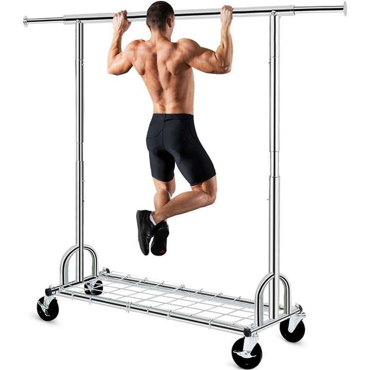 Закачалка за дрехи HOKEEPER с рафтове, товароносимост 450 кг, мобилна, хромирана, регулируеми размери 12,7-21,4'x54,7'x165,7-170,8'