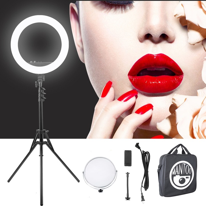 Lampa circulara Ring Light Light MANTOO RL-12, 30cm/12inch, 180 LED-uri, 3 moduri lumina, 10 trepte reglaj intensitate, lumina soft, suport telefon, alimentare USB, negru