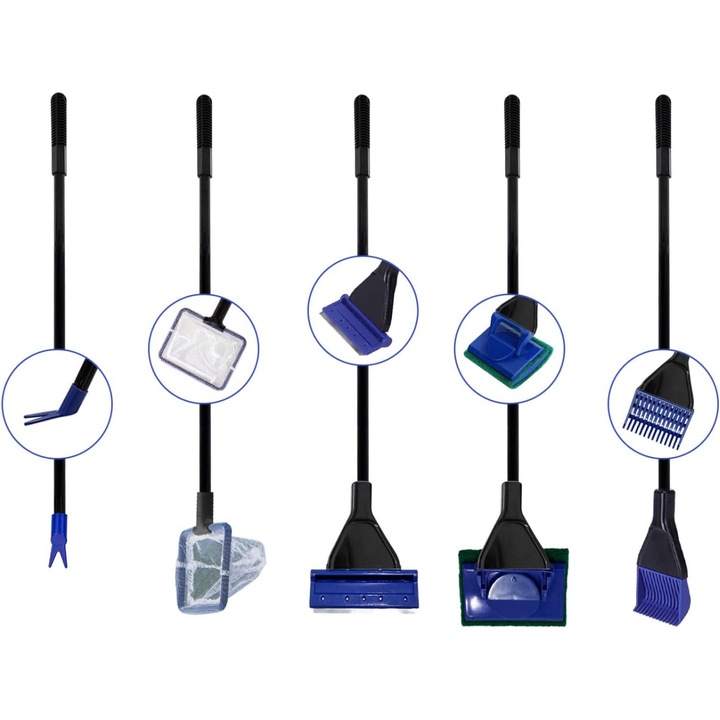 Set curatare acvariu Herusi 5 in 1 inox, perie rotativa, furculita, grebla, plasa, 55x60cm