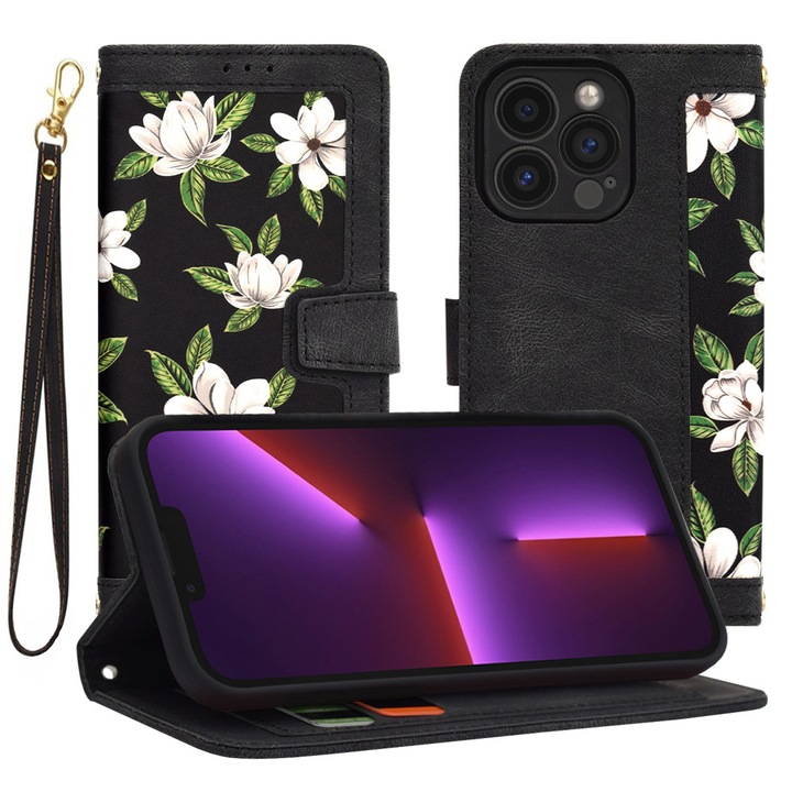 Husă telefon Techsuit FlipCraft iPhone 13 Pro, Piele ecologică, Negru, Tip flip cover