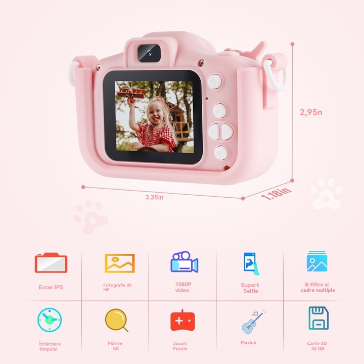 Gyerekkamera, 64 GB-os SD-kártya 1080P HD, IPS kijelző szemvédelemmel, 2,0 hüvelykes, 600 mAh, USB kábel, szilikon tok, 3 éves kortól, unikornis