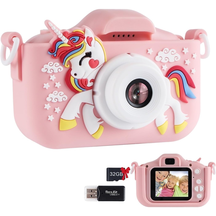 Camera Foto Copii, 64GB SD card 1080P HD, Display IPS cu Protectie pentru Ochi, 2.0 inch, 600 mAh, Cablu USB, Husa de Silicon, 3 ani+, Unicorn