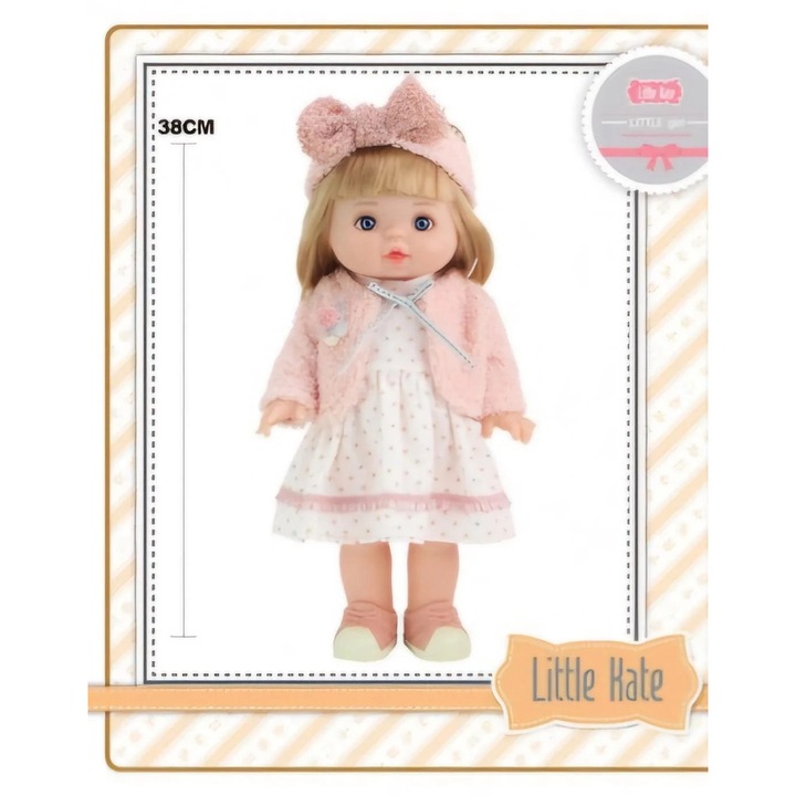 OEM Little Kate baba fejpánttal, ruhával, pulóverrel és levehető cipőkkel, 38 cm