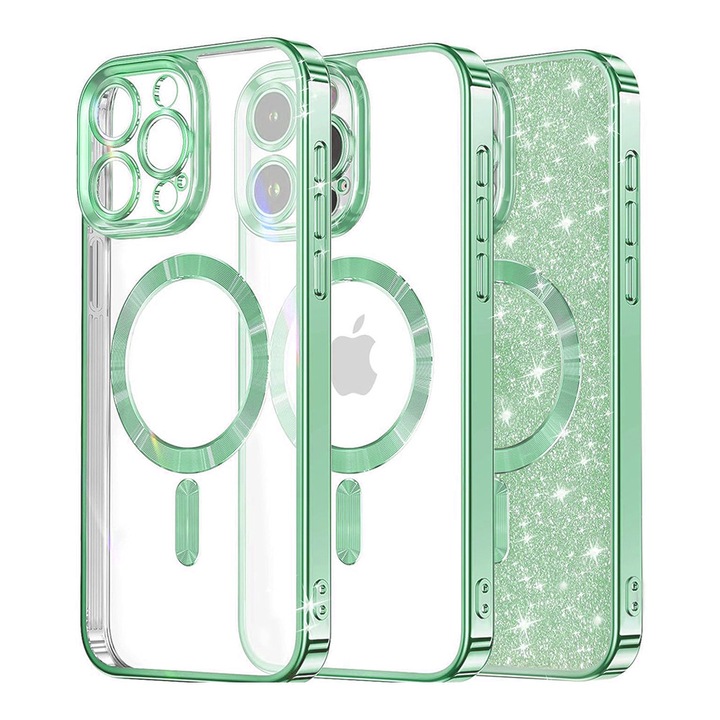 Husă telefon Techsuit MagSafe, TPU, Verde Deschis, cu sclipici, pentru iPhone 15 Pro
