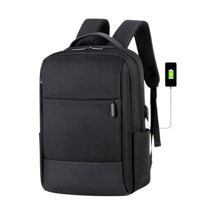 Rucsac bussines cu incarcare laterala USB, unisex, impermeabil, negru, poliester, 41x231x12 cm, cu multiple compartimente, curele de umar reglabile, durabil, pentru drumetii si calatorii afaceri