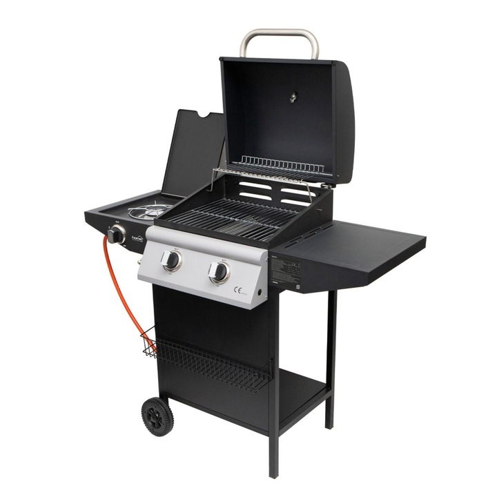 Gratar pe gaz Home GRG02, cu 2 arzatoare principale, 1 arzator lateral, putere 3,2 kW per arzator, suprafata de gatit 440x400 mm, cu set regulator de presiune