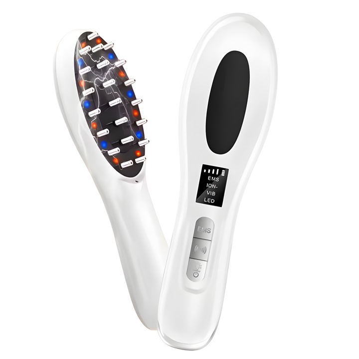 AZeira® F10 Многофункционална безжична електрическа четка за коса, гъста, блестяща и здрава коса, стимулира растежа на косата, усъвършенствана технология с отрицателни йони, EMS микроток, терапия с червена и синя светлина, вибрационен масаж, бяла