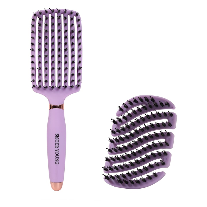 Set Perii Pentru Par, Sister Young, Mila Si Ovia, Perii Naturali Din Mistret, Constructie Ventilata Si Flexibila, Acoperire Din Latex Natural, Multicolor