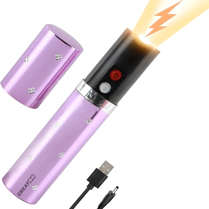 Dispozitiv cu Electrosoc Profesional pentru Autoaparare GREATON Tip Ruj, Roz 5000K Volti, Anti-Caini, Cu Lanterna, USB Reincarcabil
