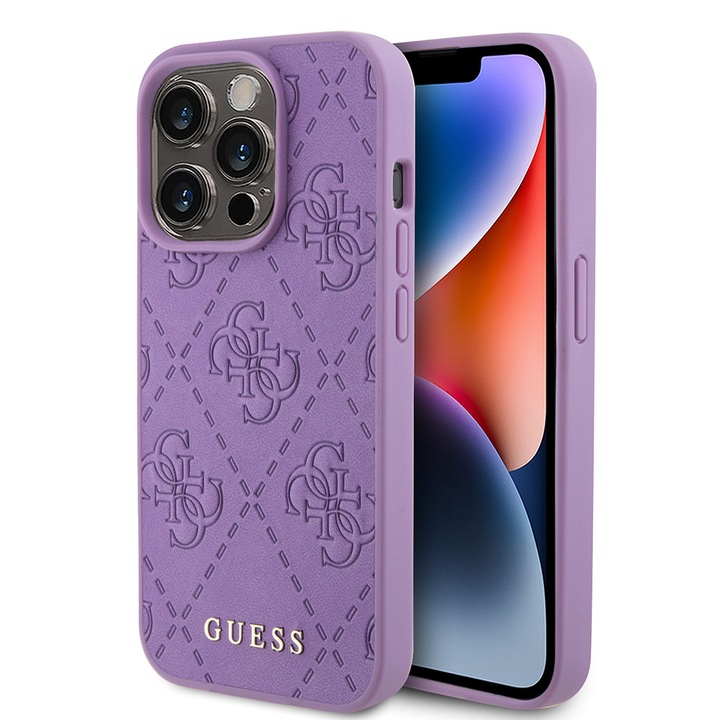 Калъф за iPhone 15 Pro - Guess Leather 4G Stamped (GUHCP15LP4EPMU) - Светло лилав