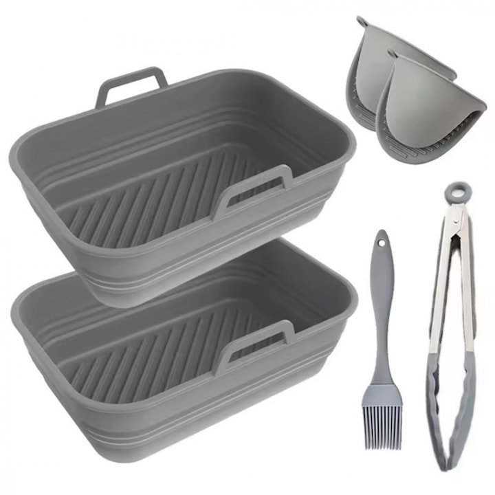 Komplett szilikon légkeveréses fritőz készlet, 2 összecsukható sütőlappal, 2 védőkesztyűvel és 2 evőeszközzel, szürke