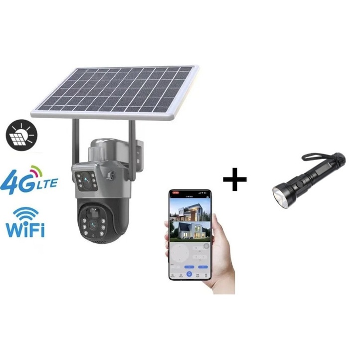 Камера за видеонаблюдение с два обектива, 4K, соларен панел, 4G, нощно виждане, функция за 360° движение от приложението, слънчево зареждане, водоустойчива, включено фенерче, черна
