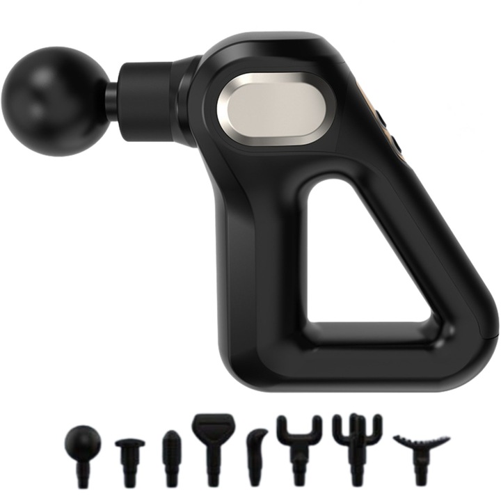 Aparat Profesional ELUZZO® pentru Masaj Tip Pistol, 8 Capete, 12 Viteze, 3200 Percutii/Min, Display LCD, Autonomie Mare, Portabil, Silentios Ergonomic, Negru