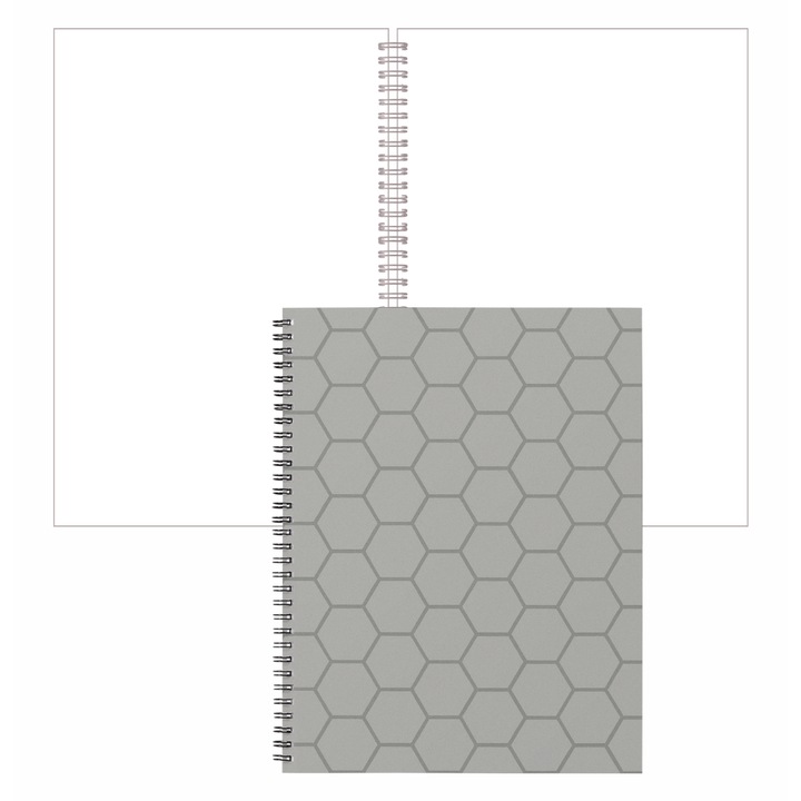 Agenda cu Spirala, Caiet, Foi Veline Albe, Fara Liniatura, Imprimeu Grafic, Hexagon, A5, 80 file, 160 pagini, Gri