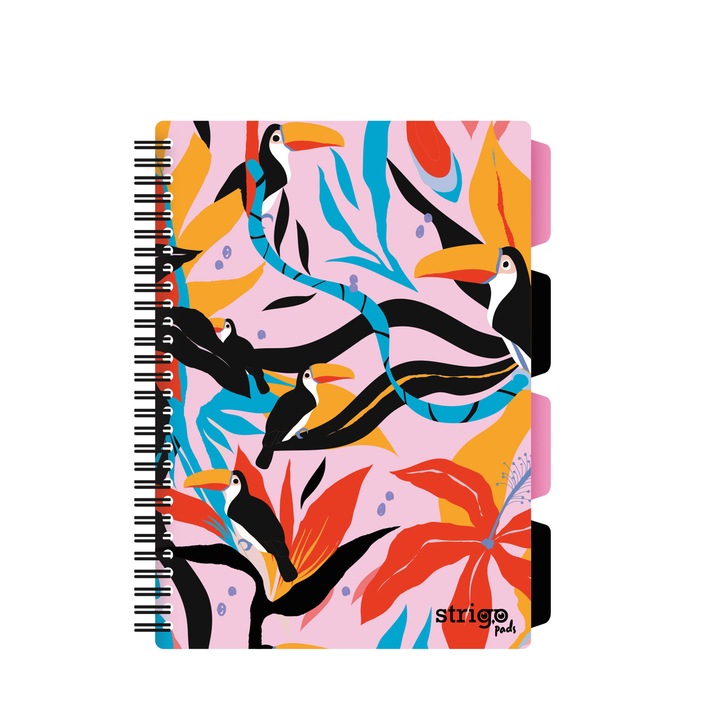 Caiet cu spirala si separatoare, STRIGO PADS Project Book Jungle B5, matematica, 200 pag., hartie 80gr FSC, coperti cartonate, multicolor