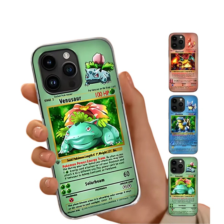 Husa Telefon Pokémon cu Design Dinamic 3D si Material Laser Reflectorizant - Acoperire Full Print cu Charizard, Blastoise si Venusaur - Compatibil iPhone 15 Pro