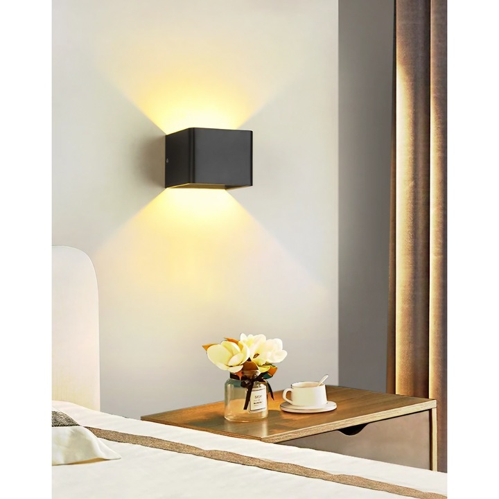 OEM LED fali lámpa, egyszerű és modern, könnyen felszerelhető, hálószobába, éjjeliszekrényre, modern megoldás nappaliba vagy előszobába, meleg fény, 3000K lumen, 5 W, rozsdamentes ház, fekete